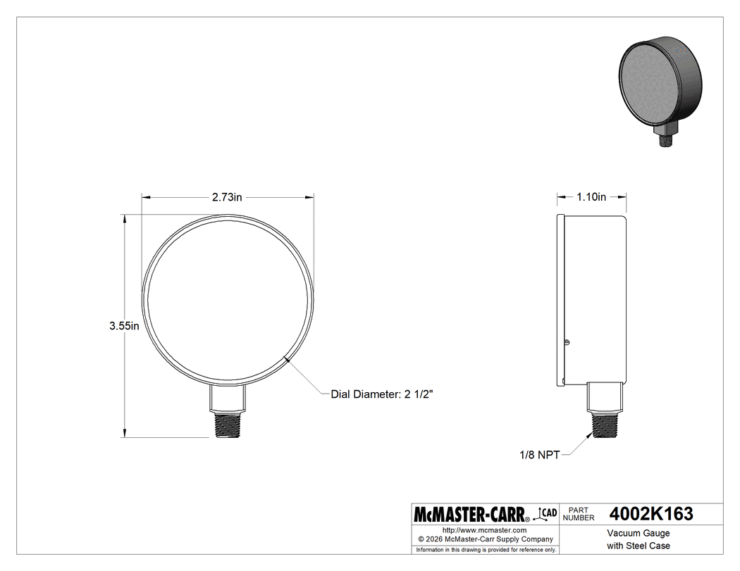 Technical Drawing of Vacuum Gauge with Steel Case, 1 Scale, 2.5" Dial, 1/8 NPT Male Bottom Connection, NIST Certificate.